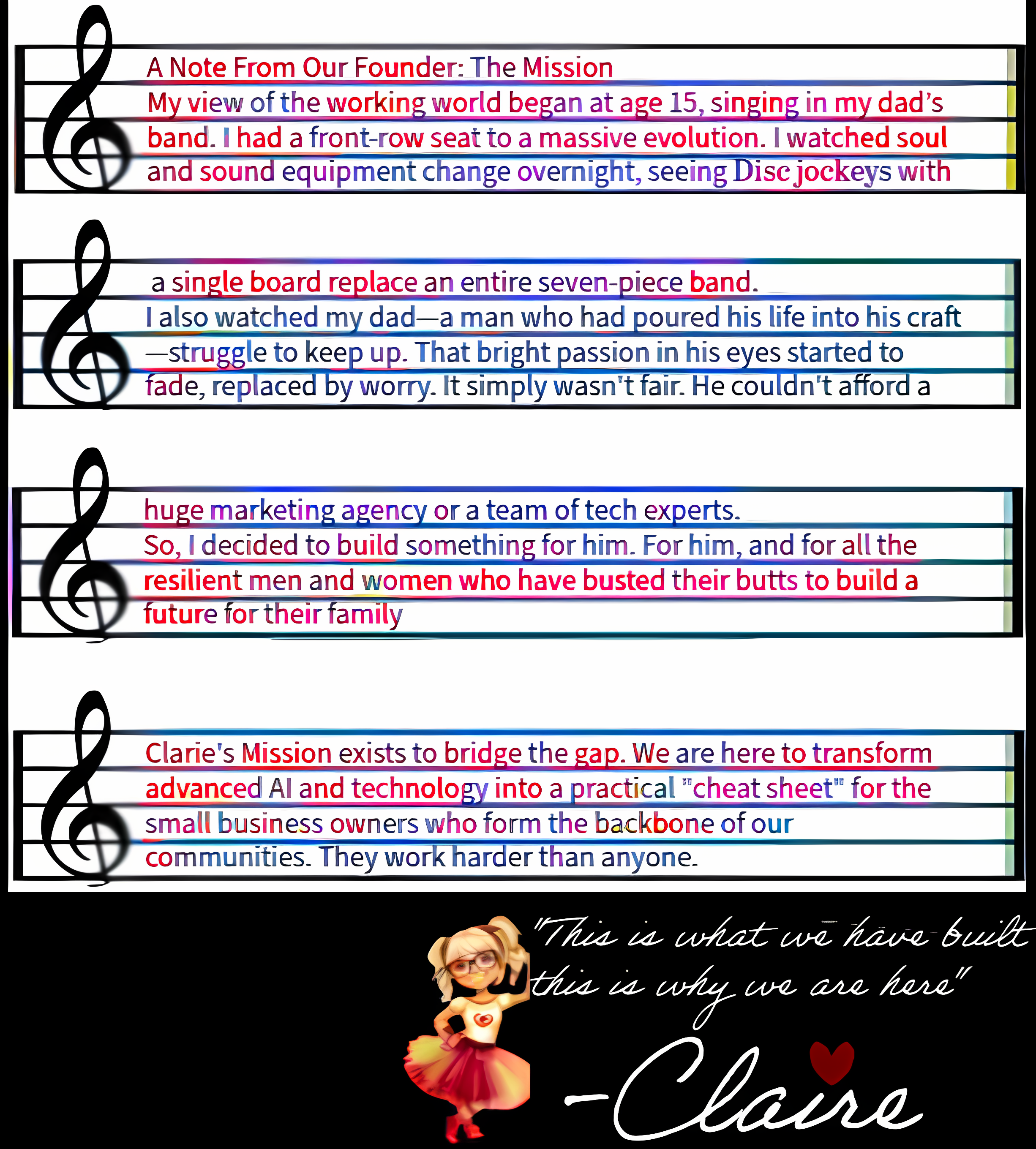 A handwritten letter from the founder, Claire
